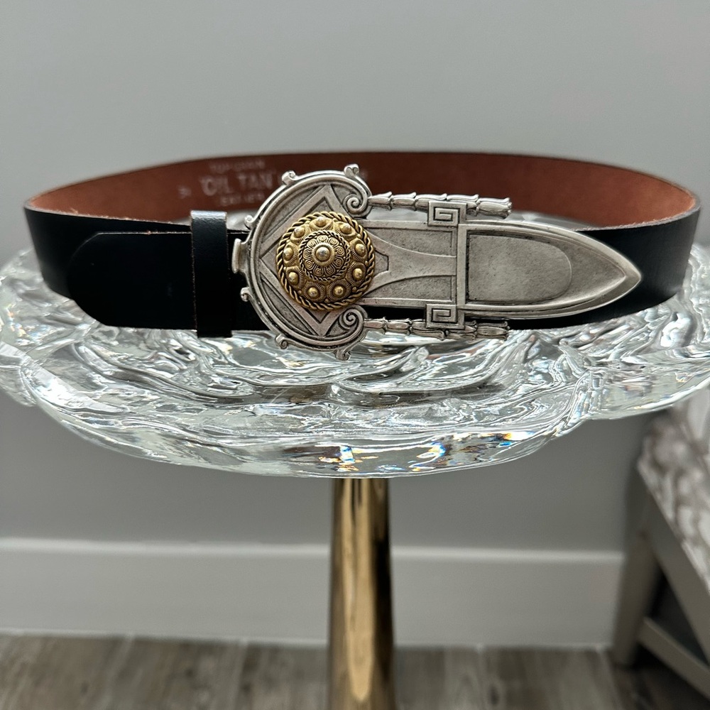 SALE Black Leather Belt size 34 with signature silver/gold removable buckle